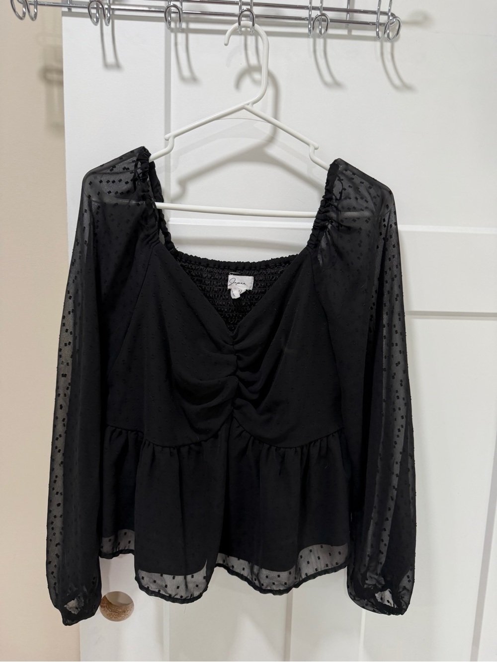 Japna Black Sheer Dot Peplum Blouse